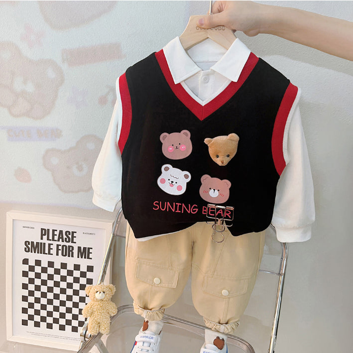 Toddler & Baby 3-Piece Bear Vest Outfit β Red, Black, White (10M-5Y)